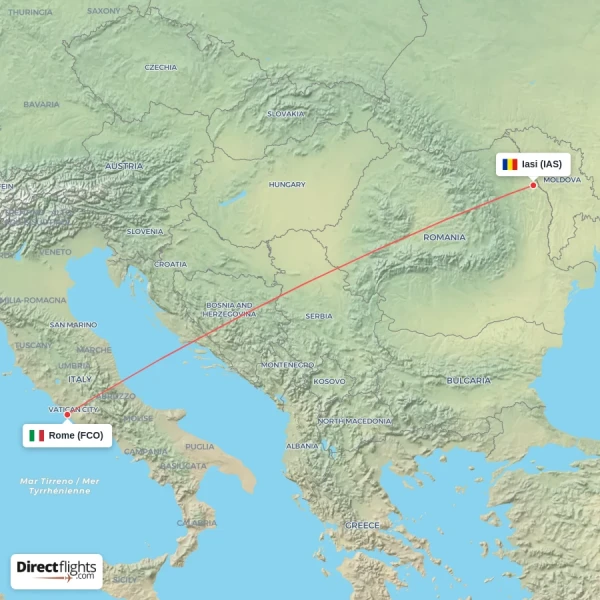 Rome - Iasi direct flight map