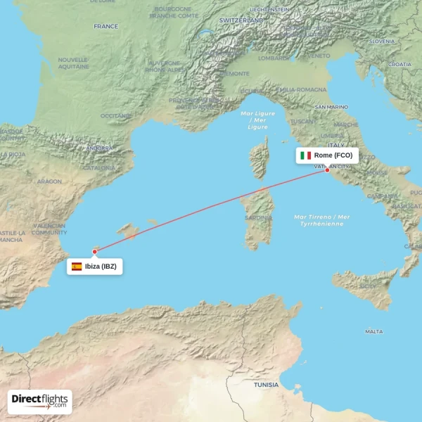 Rome - Ibiza direct flight map