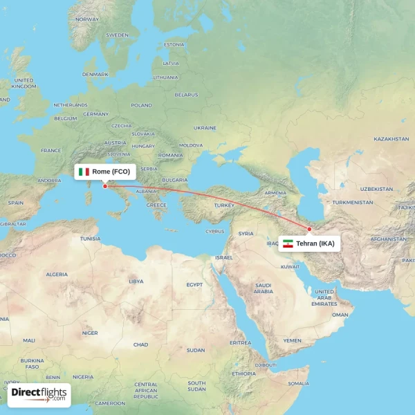 Rome - Tehran direct flight map
