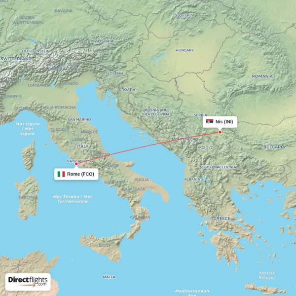 Rome - Nis direct flight map