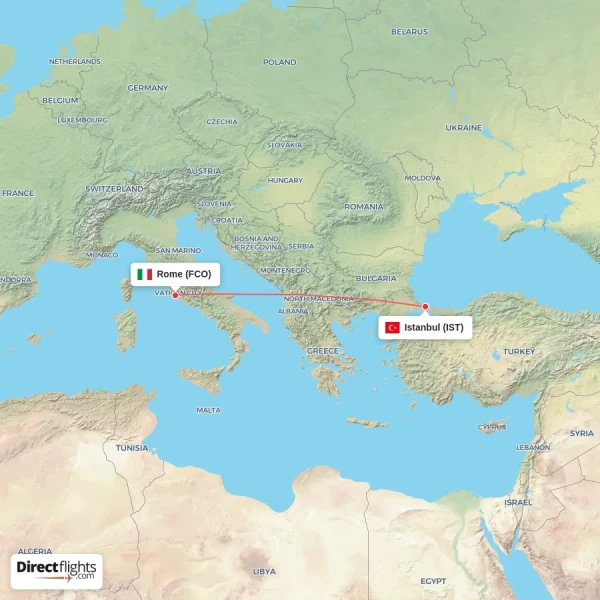 Rome - Istanbul direct flight map