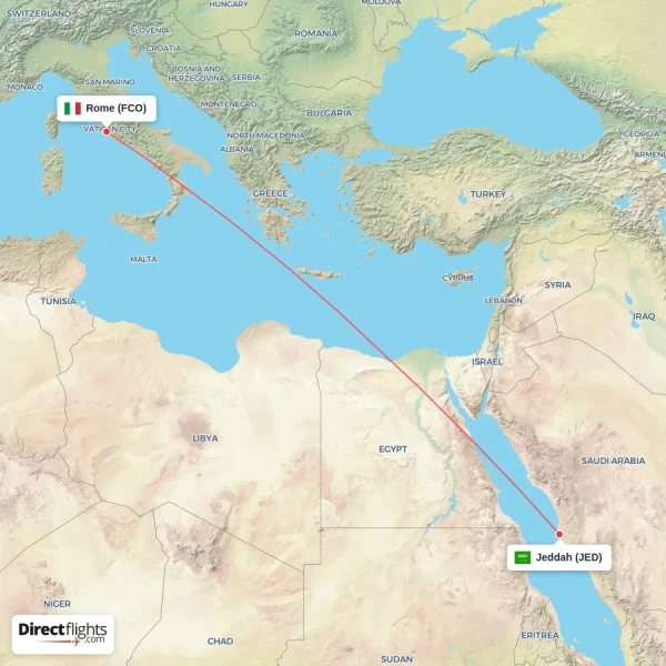 Rome - Jeddah direct flight map