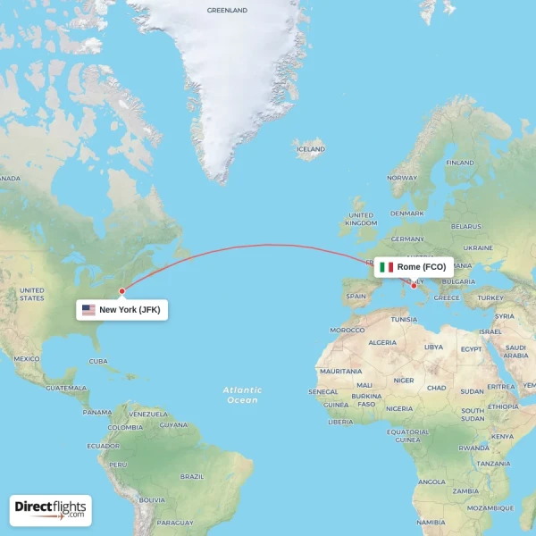 Rome - New York direct flight map