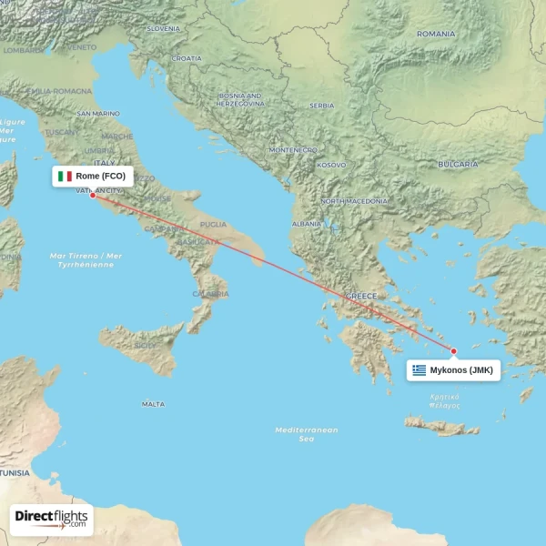 Rome - Mykonos direct flight map
