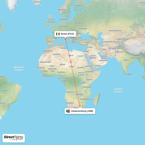 Rome - Johannesburg direct flight map