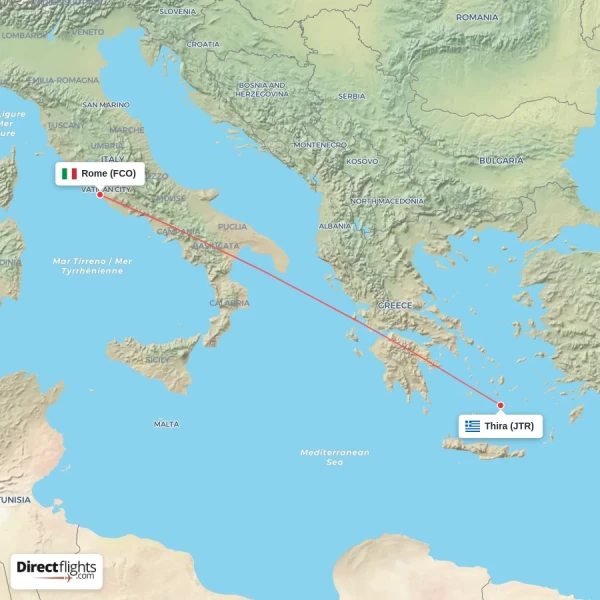 Rome - Thira direct flight map