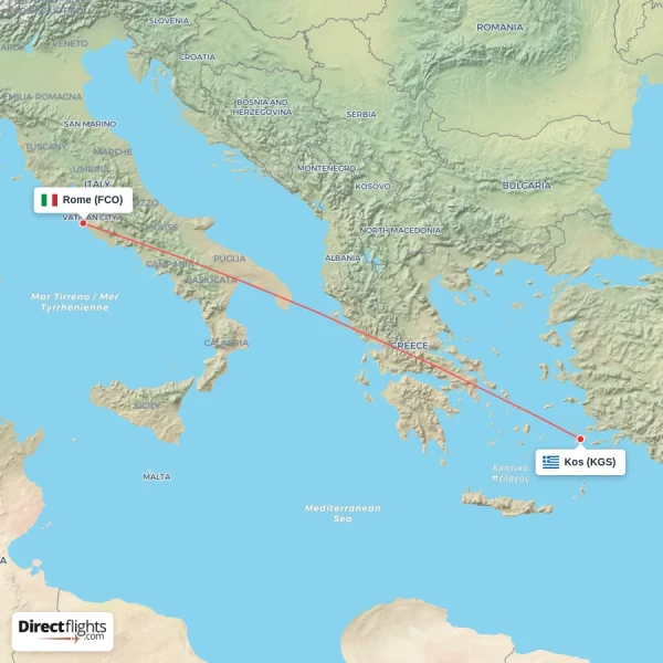 Rome - Kos direct flight map