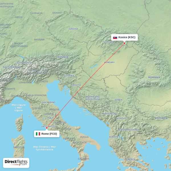 Rome - Kosice direct flight map