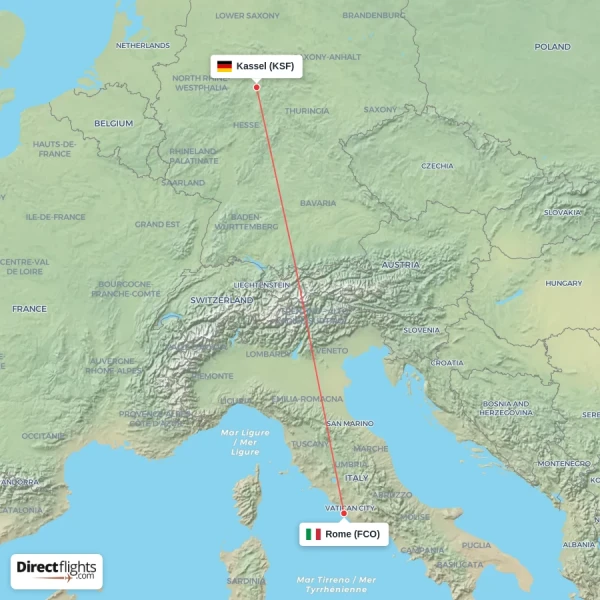 Rome - Kassel direct flight map