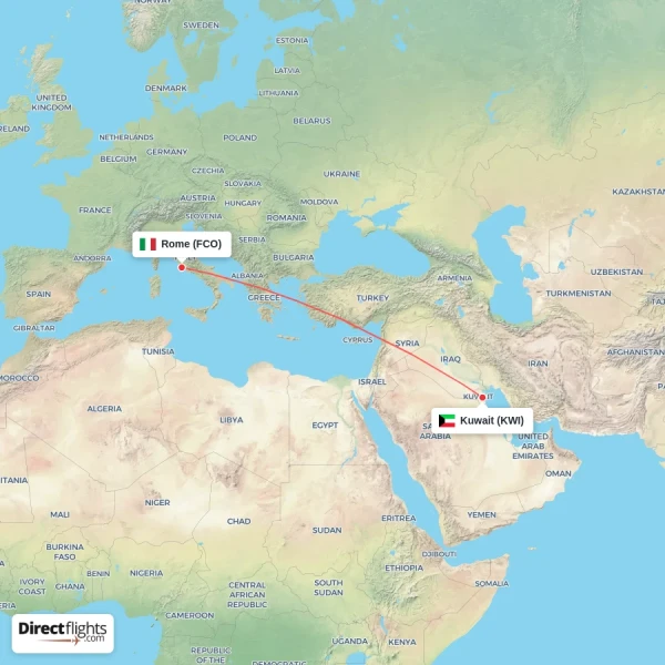Rome - Kuwait direct flight map