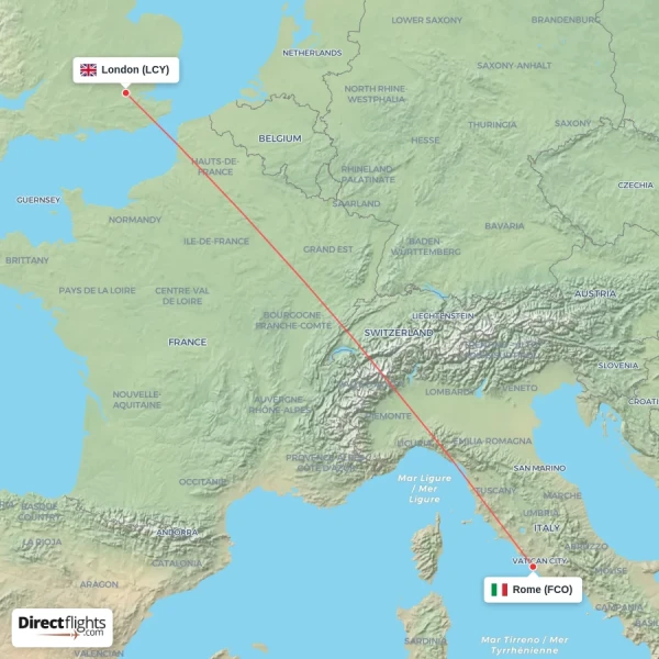 Rome - London direct flight map