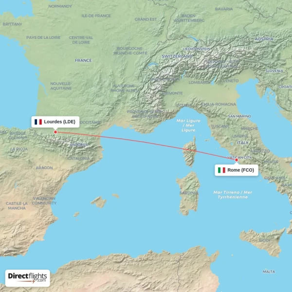 Rome - Lourdes direct flight map