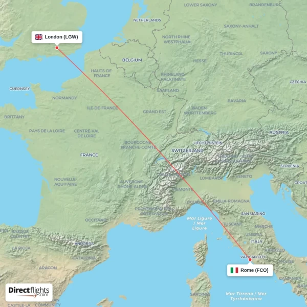 Rome - London direct flight map