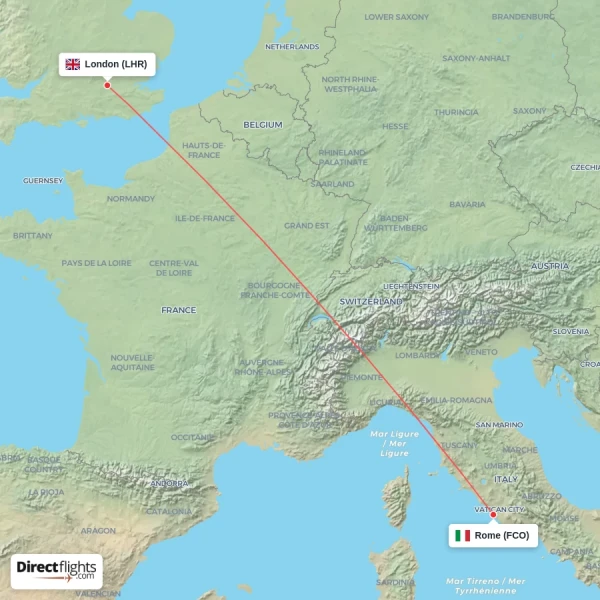 Rome - London direct flight map