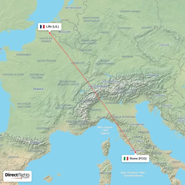 Rome - Lille direct flight map