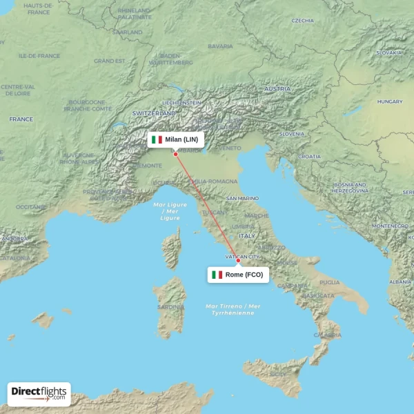 Rome - Milan direct flight map