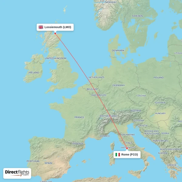 Rome - Lossiemouth direct flight map