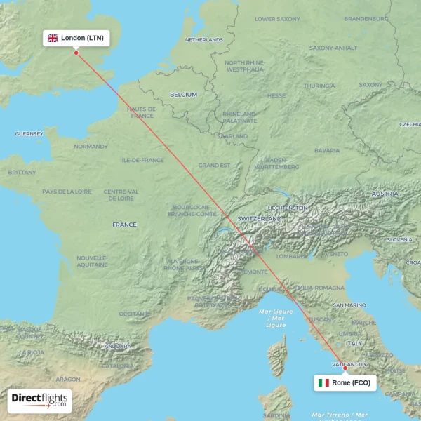 Rome - London direct flight map
