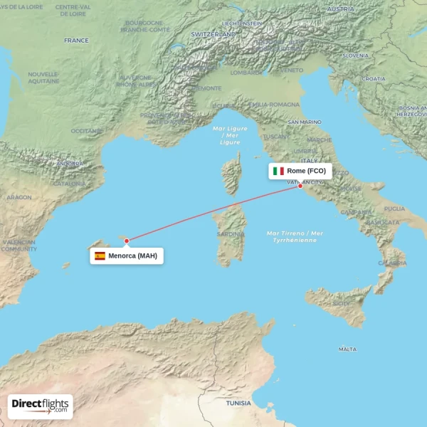 Rome - Menorca direct flight map