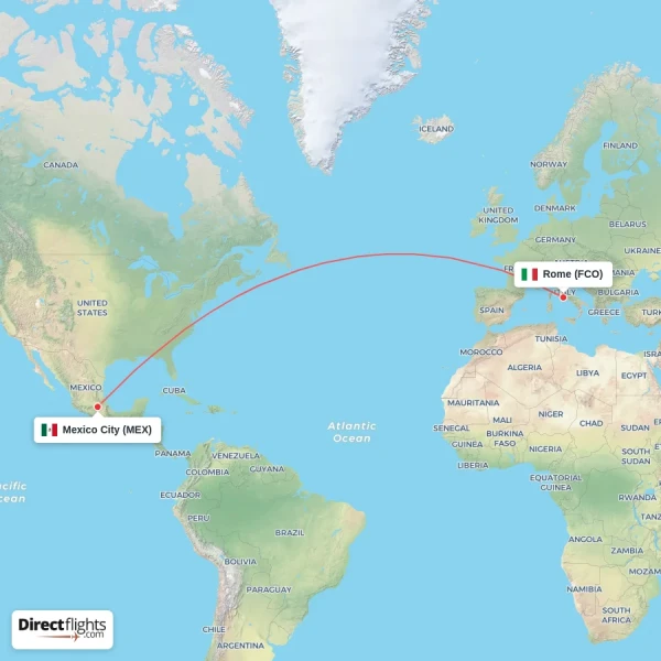 Rome - Mexico City direct flight map