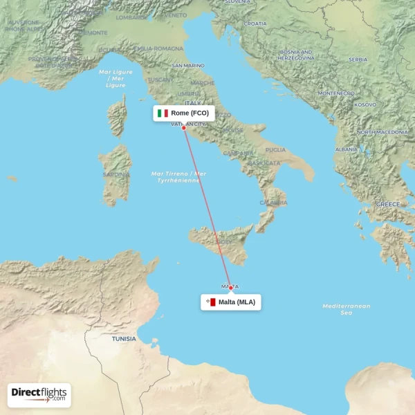 Rome - Malta direct flight map