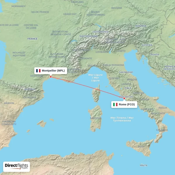 Rome - Montpellier direct flight map