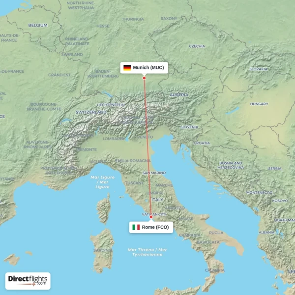 Rome - Munich direct flight map
