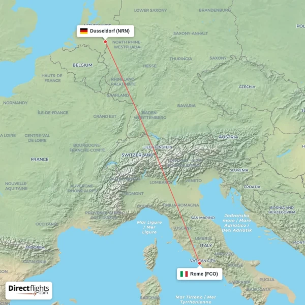 Rome - Dusseldorf direct flight map