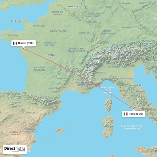Rome - Nantes direct flight map