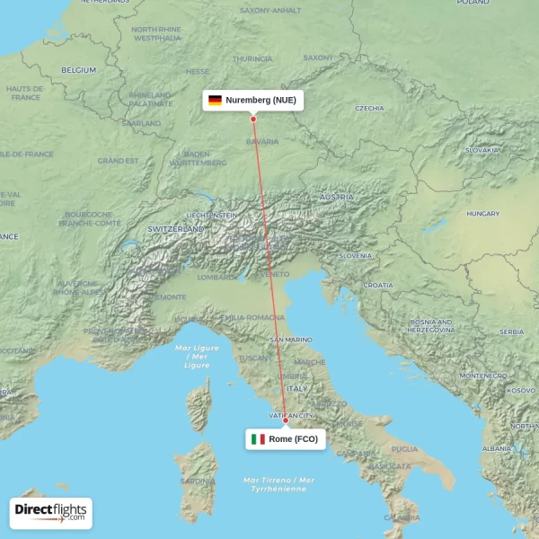 Rome - Nuremberg direct flight map