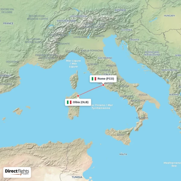 Rome - Olbia direct flight map