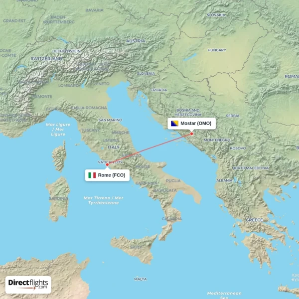 Rome - Mostar direct flight map