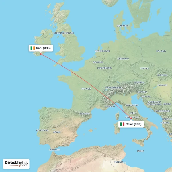 Rome - Cork direct flight map