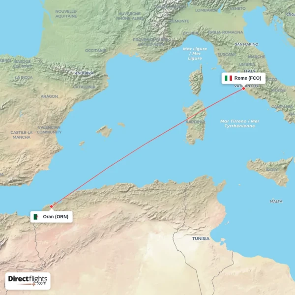 Rome - Oran direct flight map