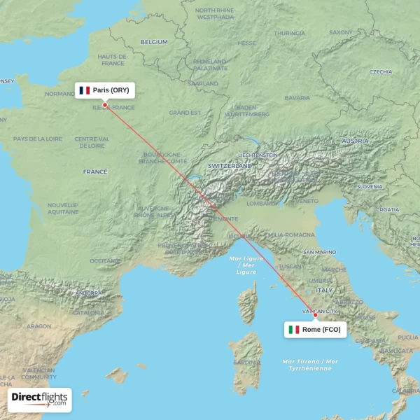 Rome - Paris direct flight map