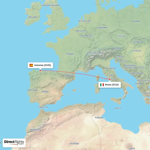 Rome - Asturias direct flight map
