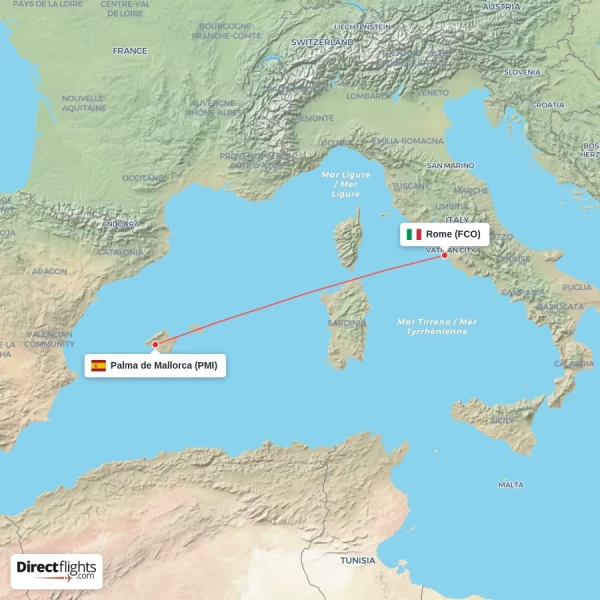 Rome - Palma de Mallorca direct flight map