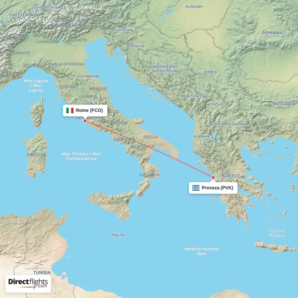 Rome - Preveza direct flight map
