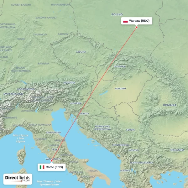 Rome - Warsaw direct flight map
