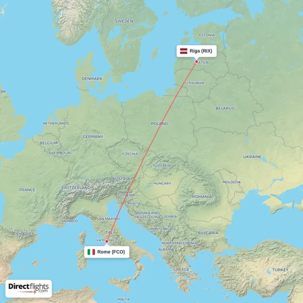 Rome - Riga direct flight map