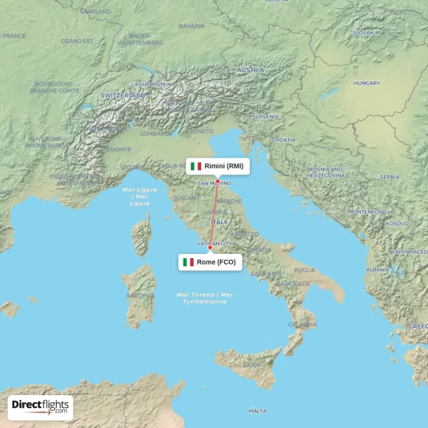 Rome - Rimini direct flight map