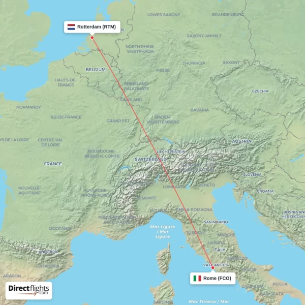 Rome - Rotterdam direct flight map