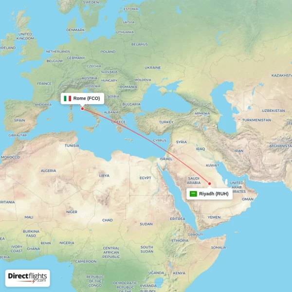 Rome - Riyadh direct flight map