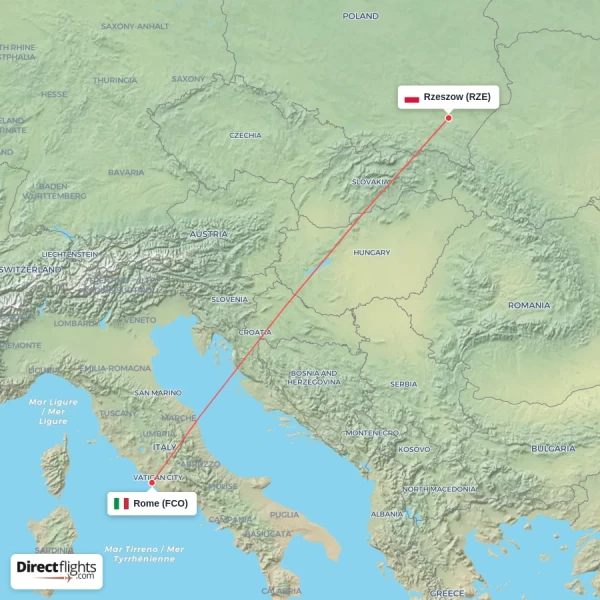 Rome - Rzeszow direct flight map