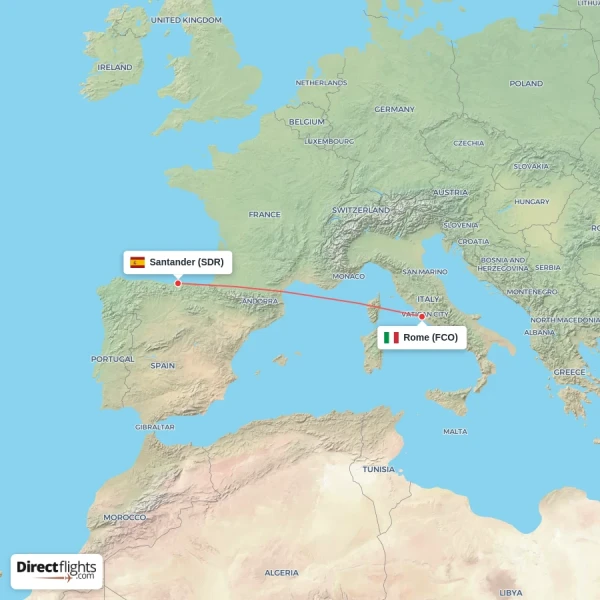 Rome - Santander direct flight map