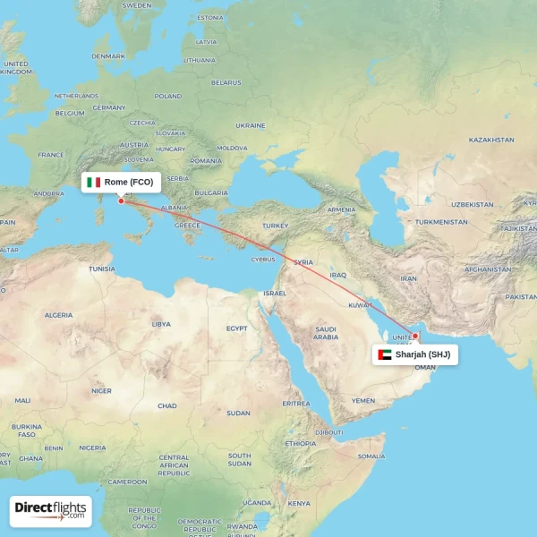 Rome - Sharjah direct flight map