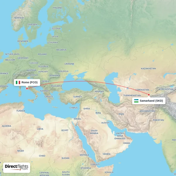 Rome - Samarkand direct flight map