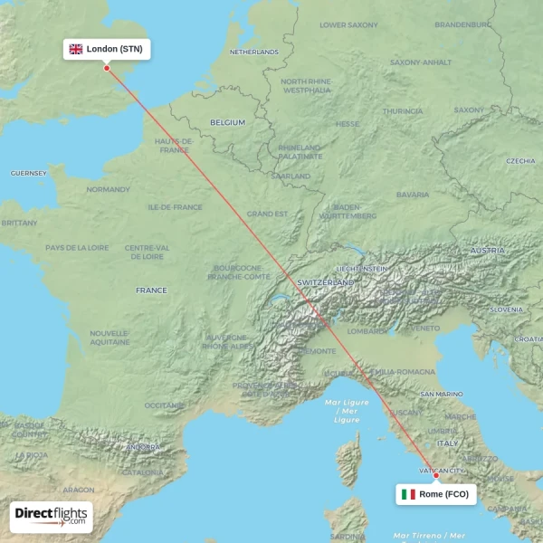 Rome - London direct flight map