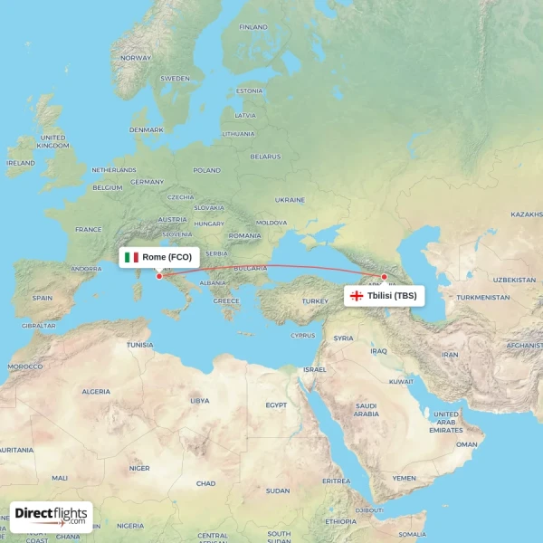 Rome - Tbilisi direct flight map