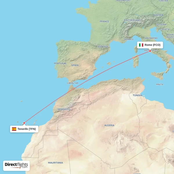 Rome - Tenerife direct flight map